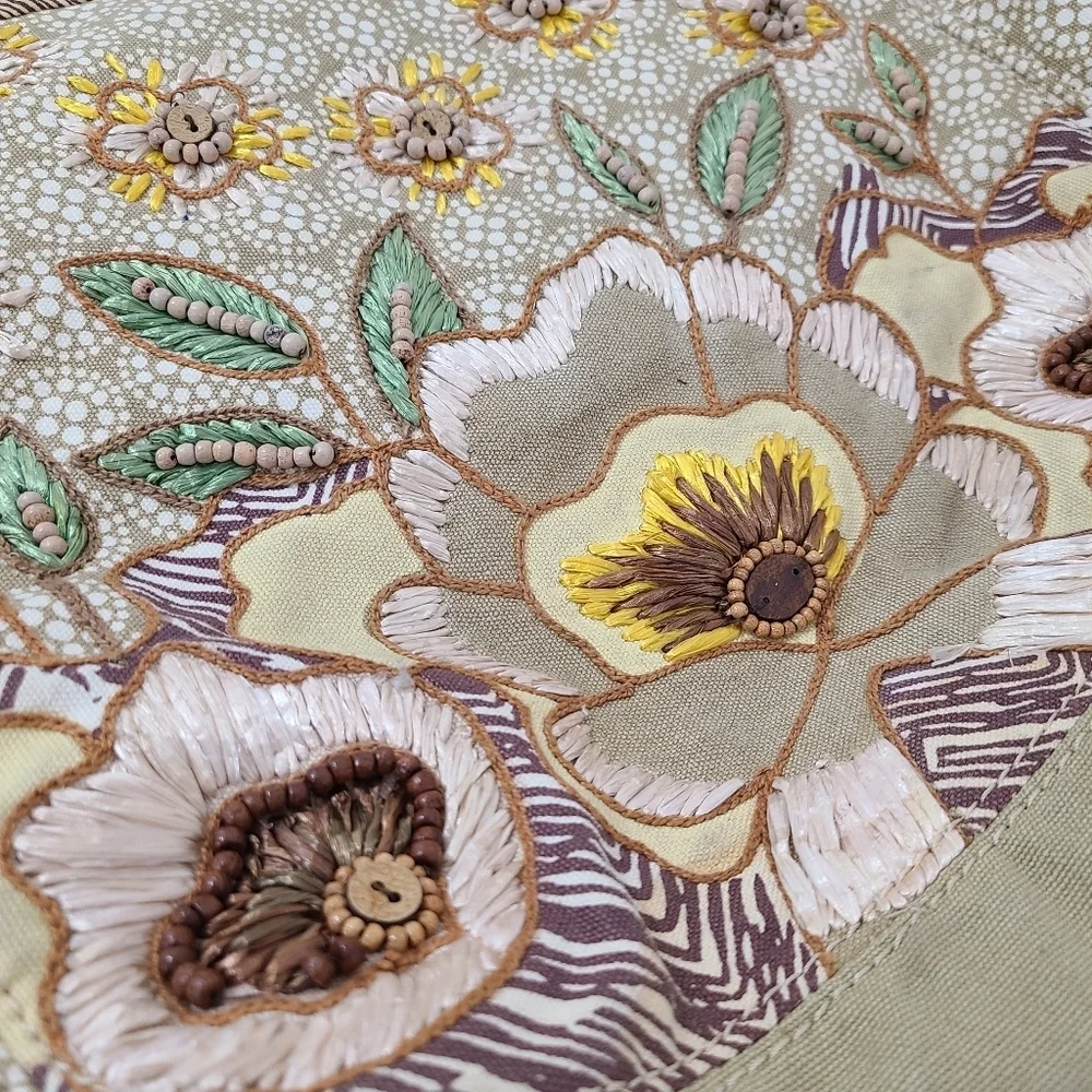 Vintage Fossil beaded canvas bag floral raffia sage green large